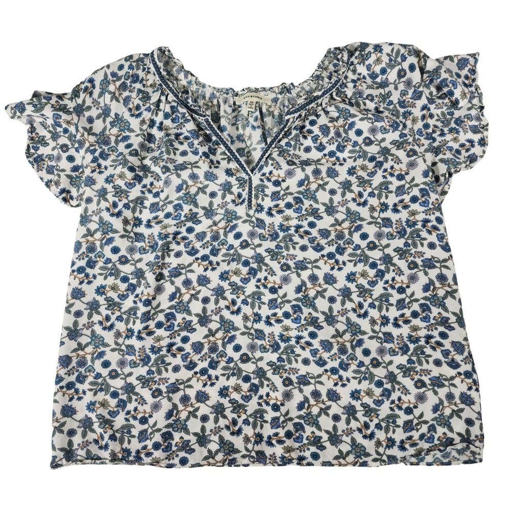 MAX STUDIO‎ Womens XS Floral Print V Neck Flutter Sleeve Blouse Top White Blue - Picture 2 of 8
